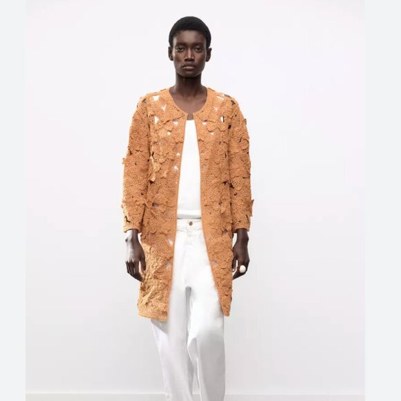Zara Women MACRAMÉ OPEN COAT Tan Camel Crochet Coat Long Cardigan 2142/156 - Picture 1 of 9
